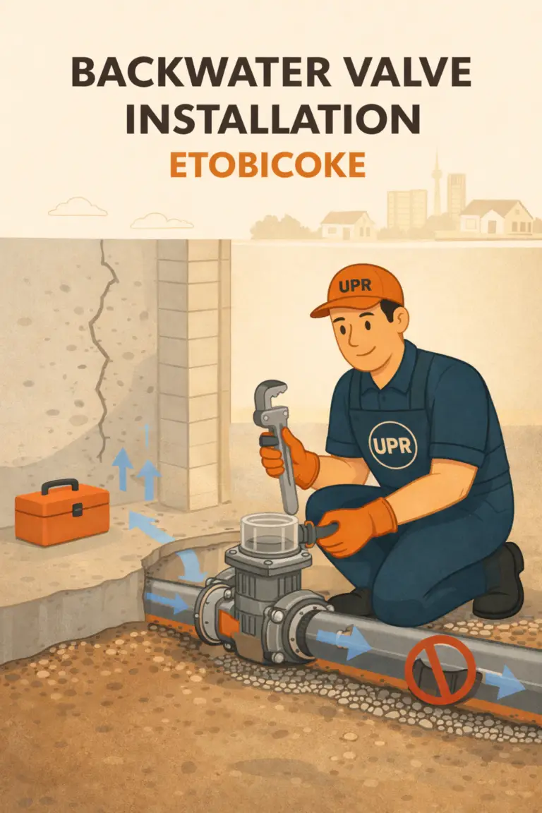 Technician installing backwater valve in Etobicoke basement