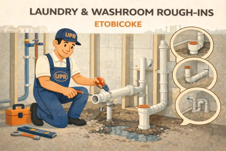 Plumber fixing pipes in Etobicoke basement.