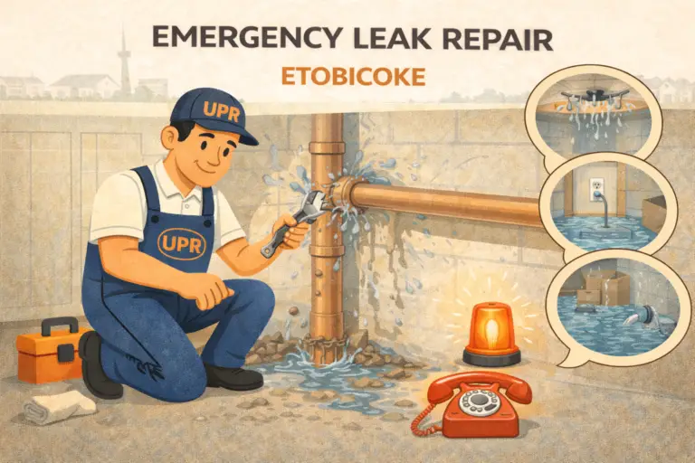 Technician repairing pipe leak in Etobicoke basement.