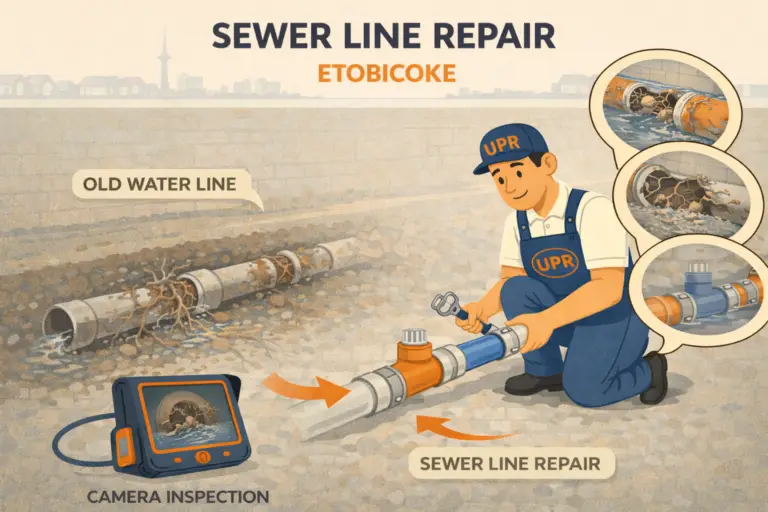Plumber repairing sewer line in Etobicoke.