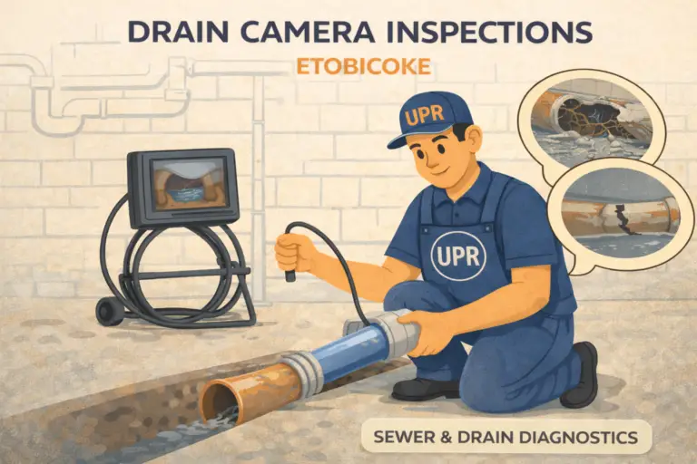 Technician performing drain camera inspection in Etobicoke.