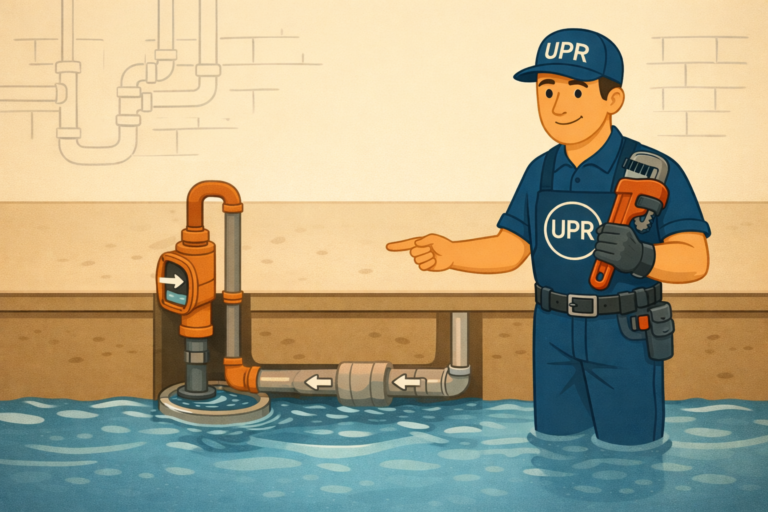 Plumber with wrench in flooded basement