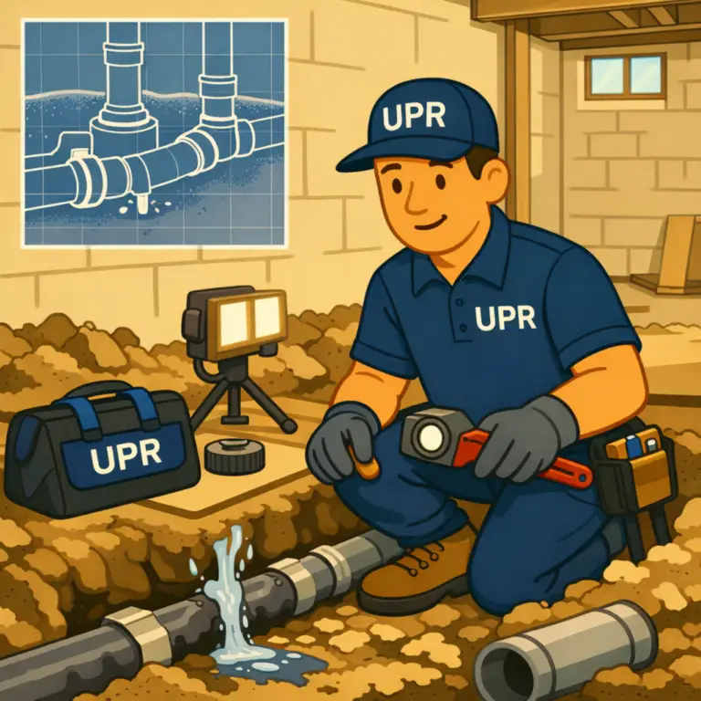 Plumber repairing underground water pipe leak in basement.