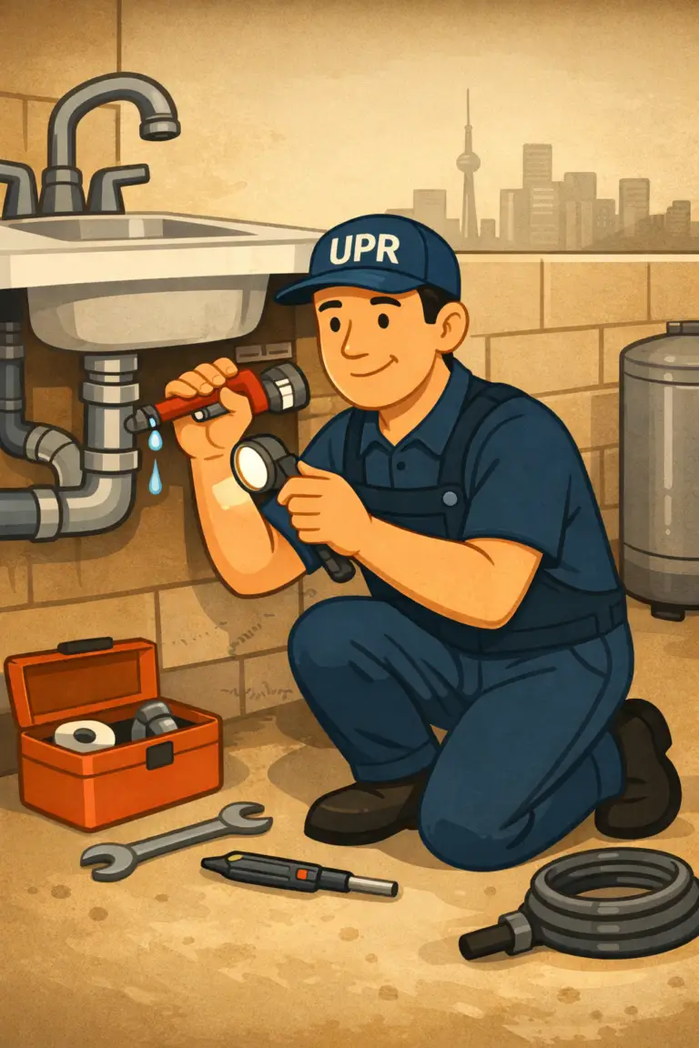 Plumber fixing leaking pipe with tools