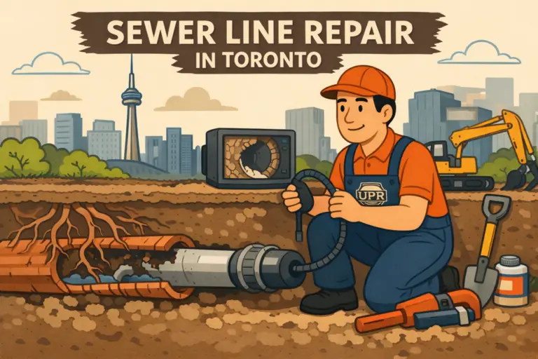 Cartoon plumber repairing a Toronto sewer line