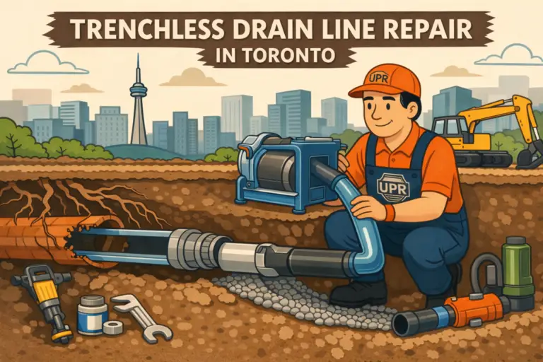 Trenchless drain repair worker in Toronto.