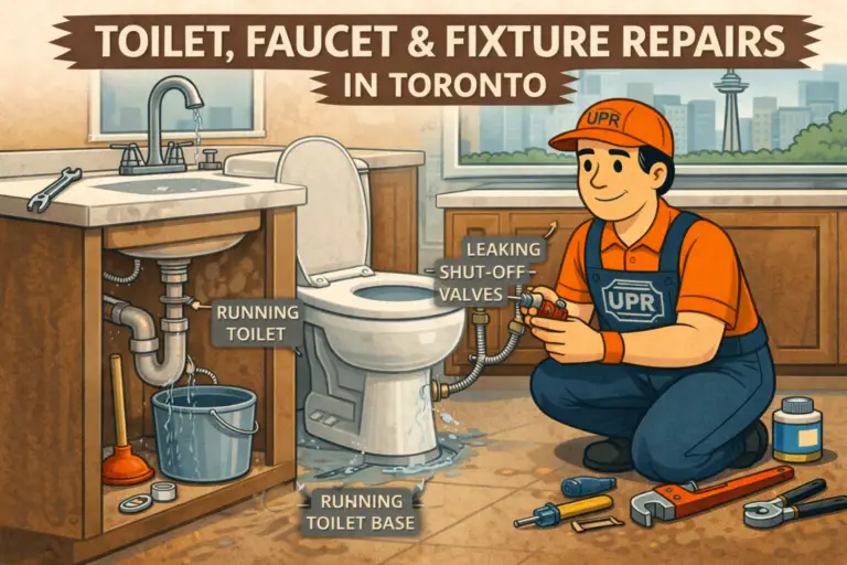 Plumber repairing leaking toilet and faucet
