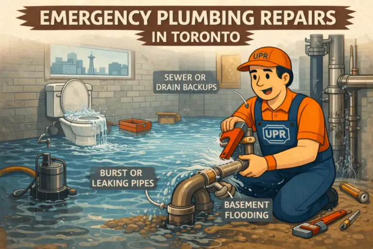 Cartoon plumber fixing basement flood in Toronto.