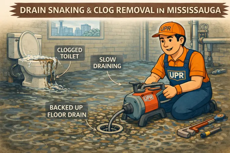 Plumber using drain snake in flooded room.