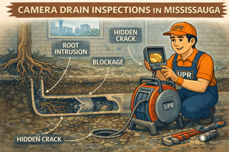 Technician performing drain inspection with camera