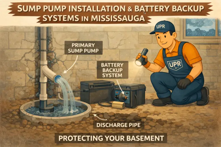 Sump pump installation with battery backup system.