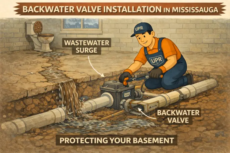 Plumber installing backwater valve in basement