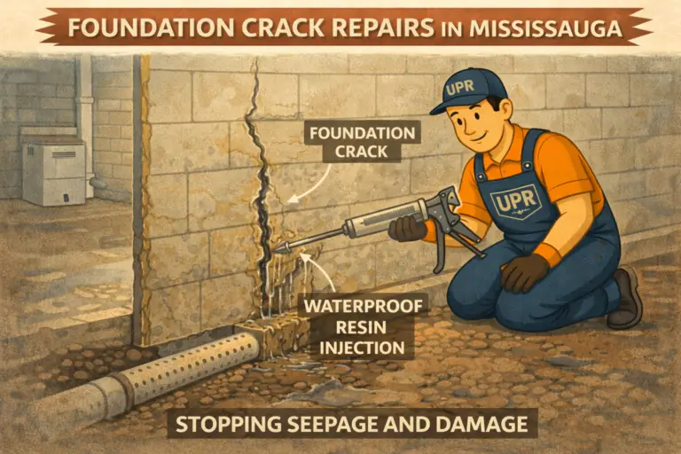 Foundation crack repair with resin injection.