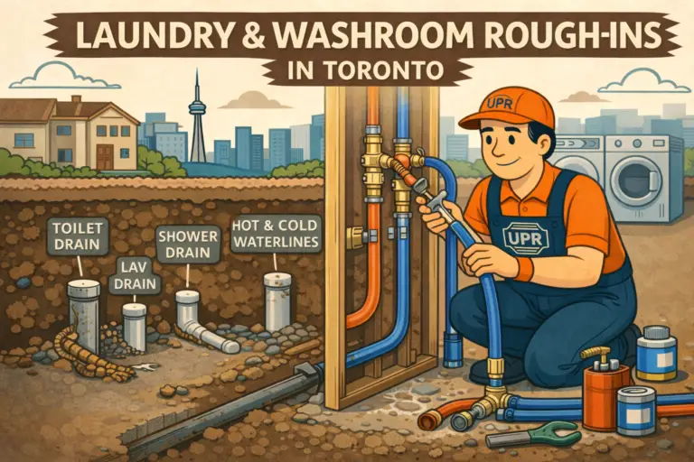 Plumber working on Toronto rough-ins illustration.