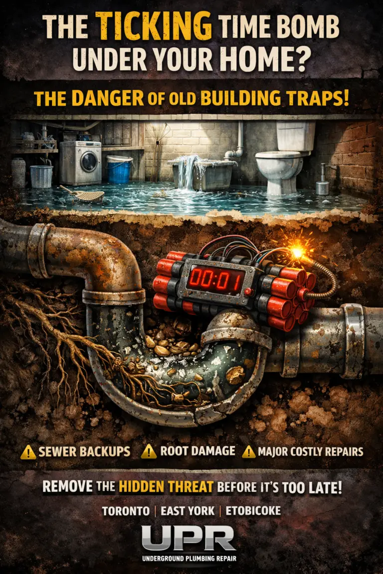 Plumbing disaster warning with explosive imagery