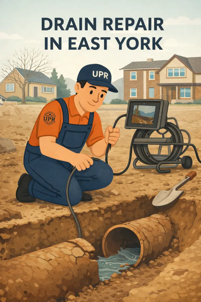 Worker inspecting drain repair in East York.