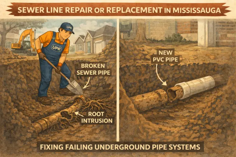 Sewer line repair in progress in Mississauga.