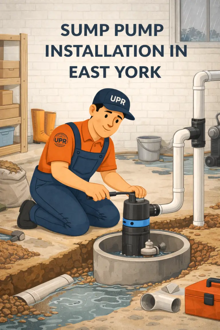 Sump pump installation service in East York basement.