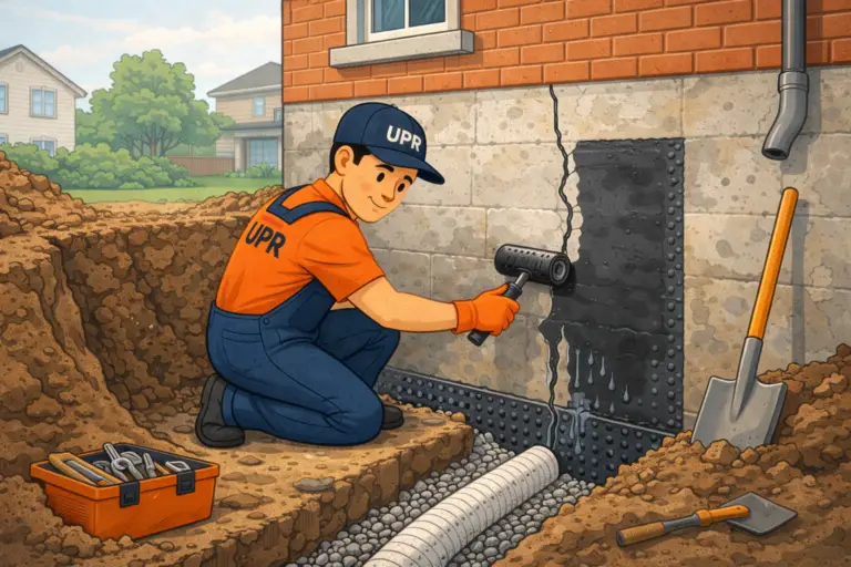 Worker waterproofing house foundation with roller brush.