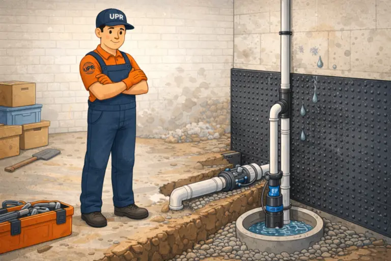 Technician with tools in basement near sump pump