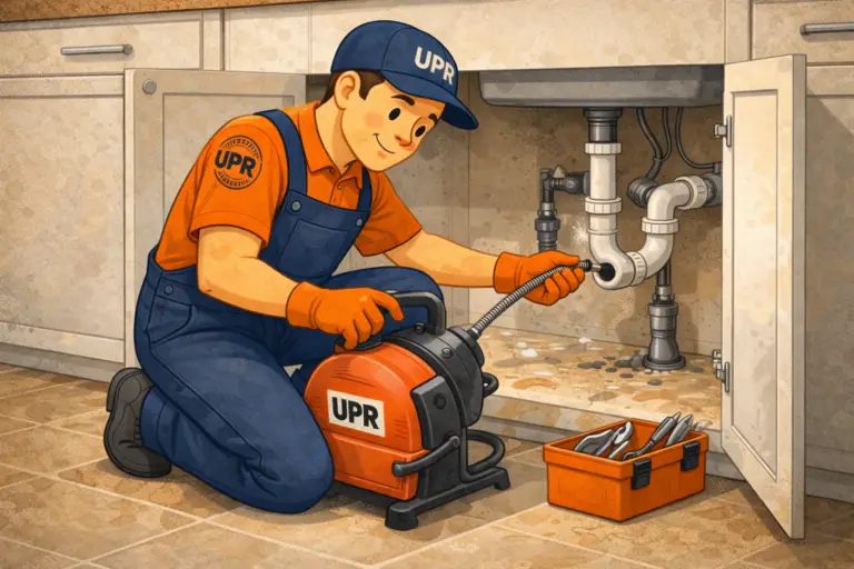 Plumber fixing pipe under kitchen sink.