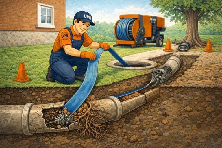 Technician repairing underground sewer pipes with equipment.