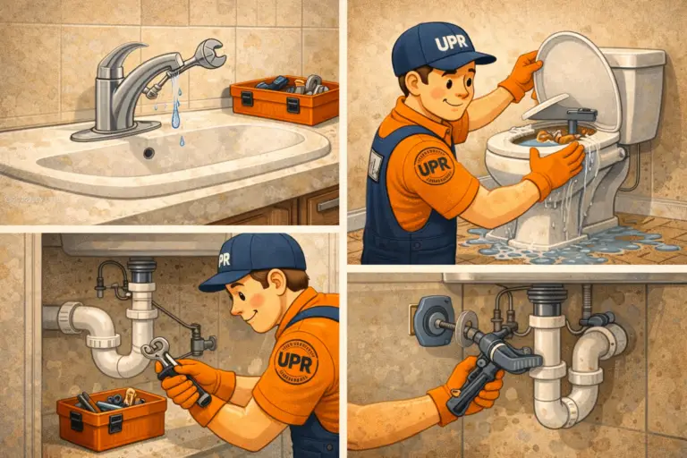 Cartoon plumber fixing bathroom plumbing issues