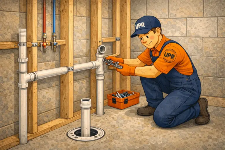 Illustration of plumber fixing pipes