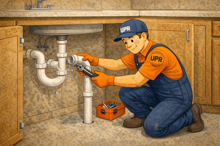 Plumber fixing leaky sink pipe kitchen