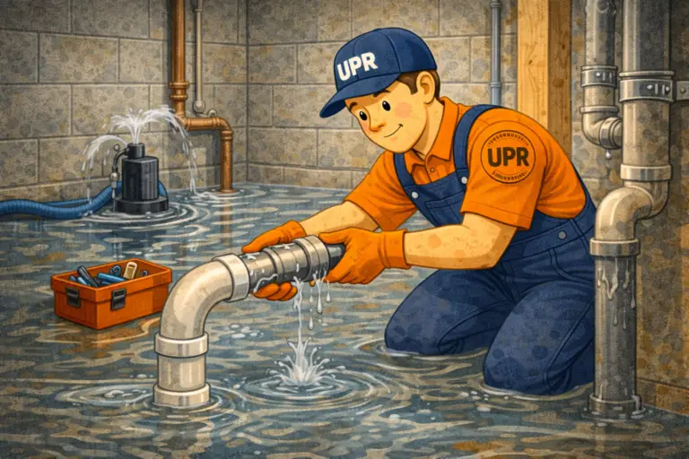Plumber fixing a flooded basement pipe