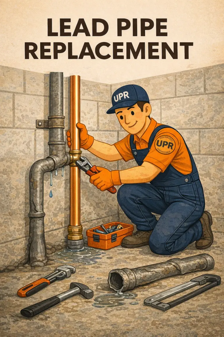 Plumber replacing lead pipe with copper pipe