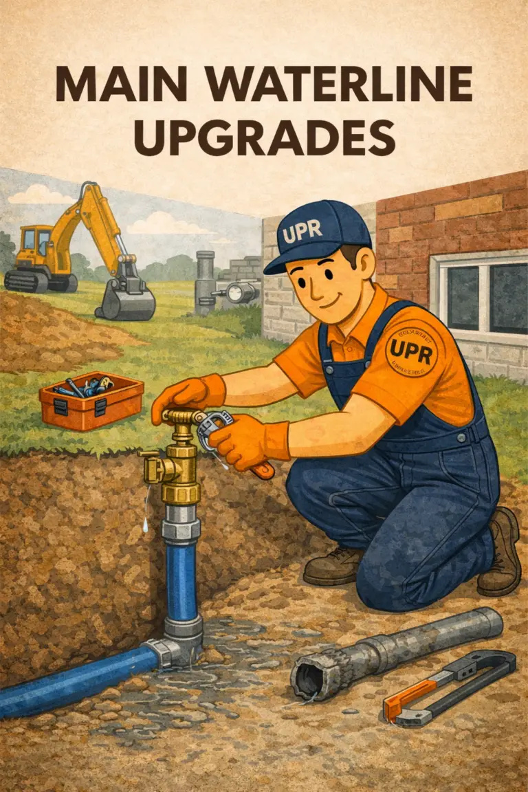 Cartoon plumber fixing waterline outdoors