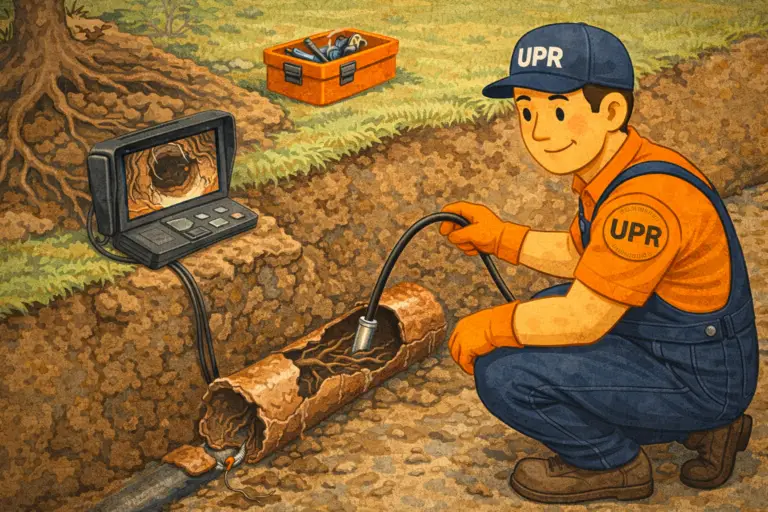 Technician inspecting underground pipe with camera