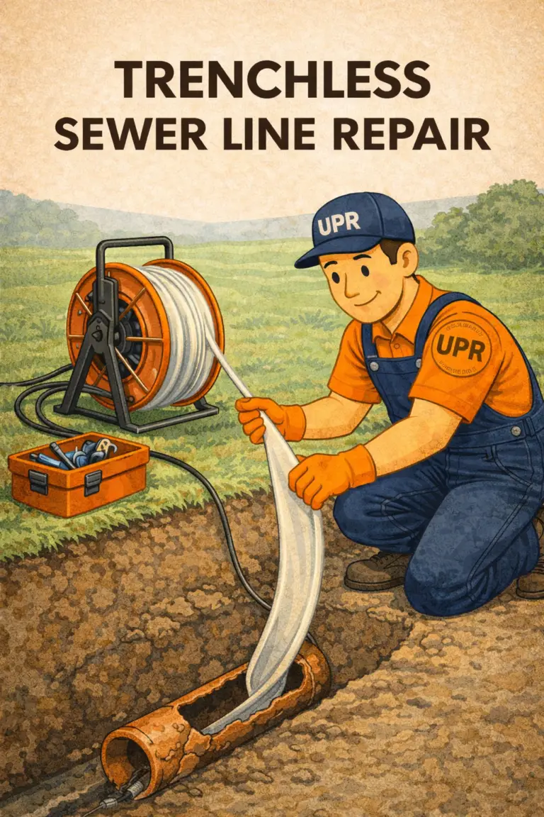 Cartoon worker doing trenchless sewer repair