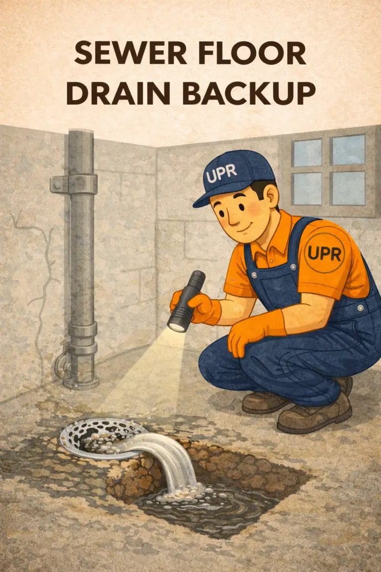 Worker inspecting sewer floor drain backup.