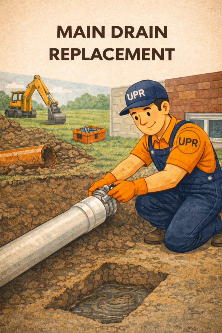 Cartoon worker replacing main drain pipe