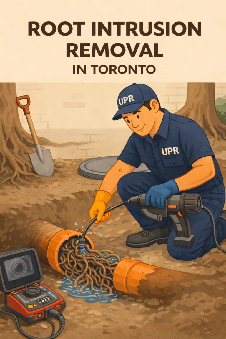 Technician removing roots from pipe in Toronto