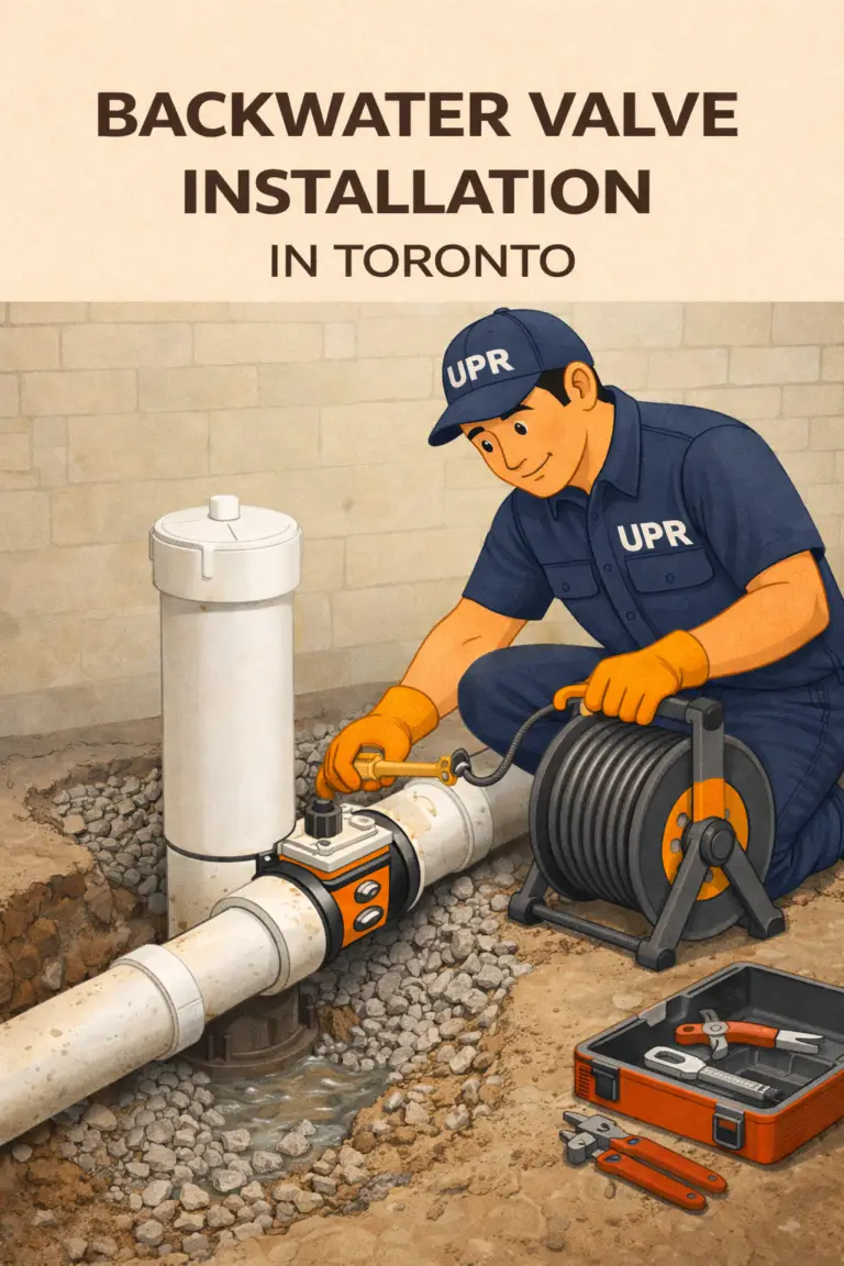 Technician installing backwater valve in Toronto.