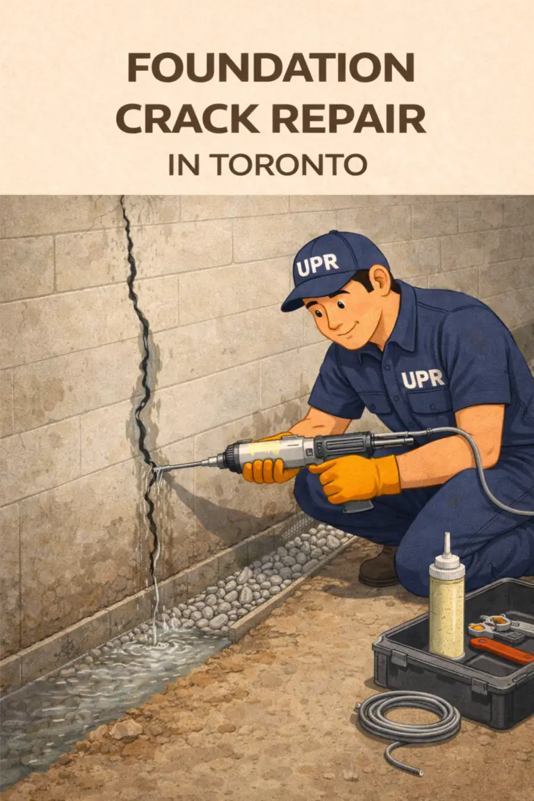 Technician repairing foundation crack with tool