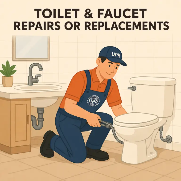 Plumber repairing toilet in residential bathroom
