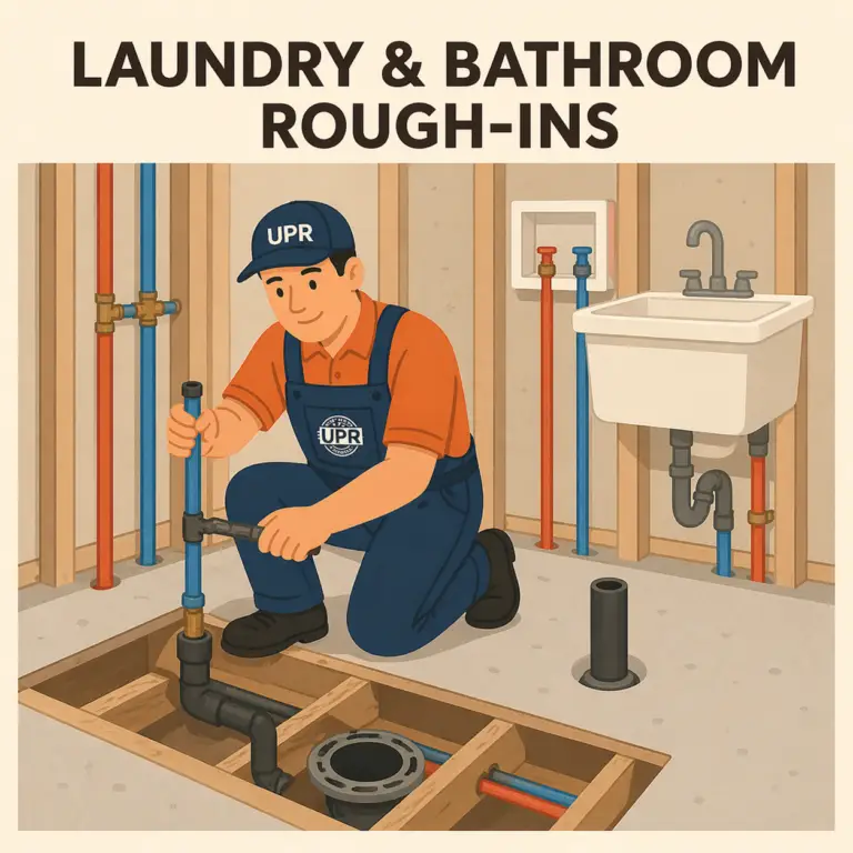 Plumber installing bathroom and laundry rough-ins