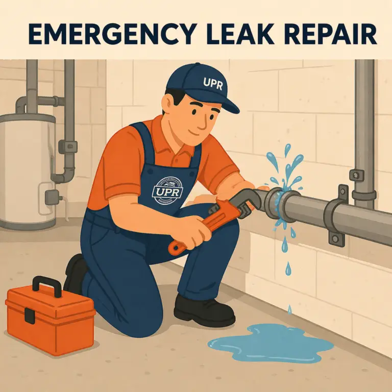 Plumber repairing leaking pipe with wrench indoors