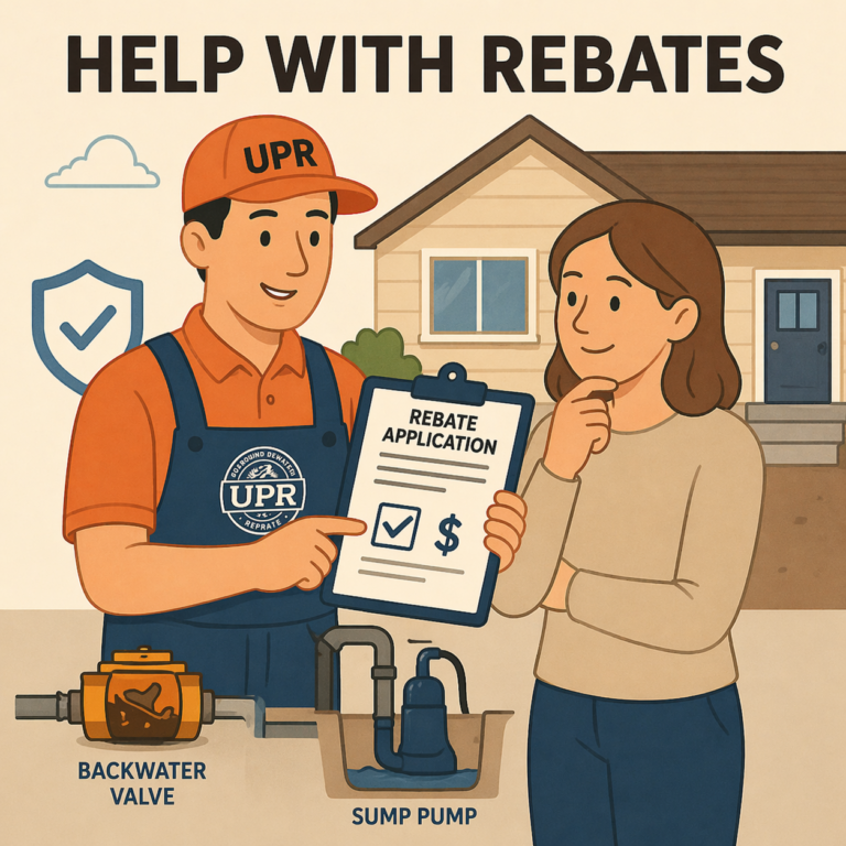 Plumber explaining home rebate application to homeowner