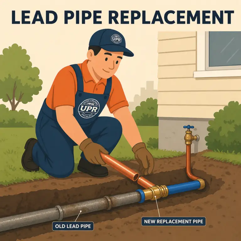 Worker replacing old lead water pipe outdoors