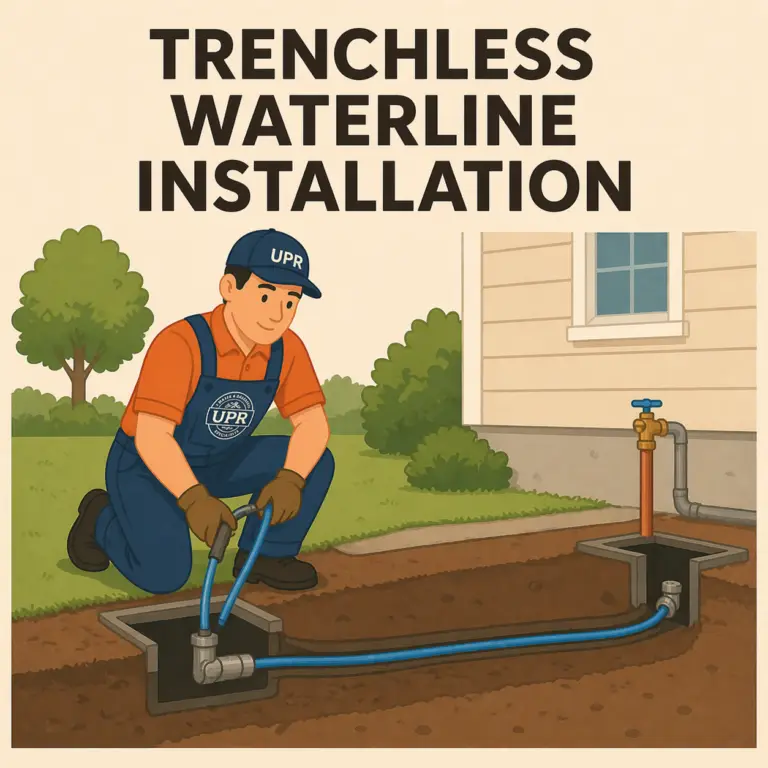 Technician performing trenchless waterline installation beside house